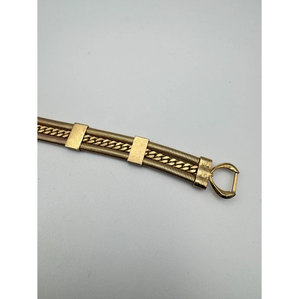 Vintage Mesh Bracelet Gold Tone Gaspipe Curb Chain Multi Strand Panel Link MCM